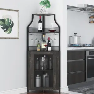 Corner Bar Storage Cabinet, 5-Tier Farmhouse Liquor Cabinet with Glass Holder Wine Cabinet with Barn Door & Adjustable Shelf, Home Bar Storage for Home,Dining Room, Kitchen, Oak Gray