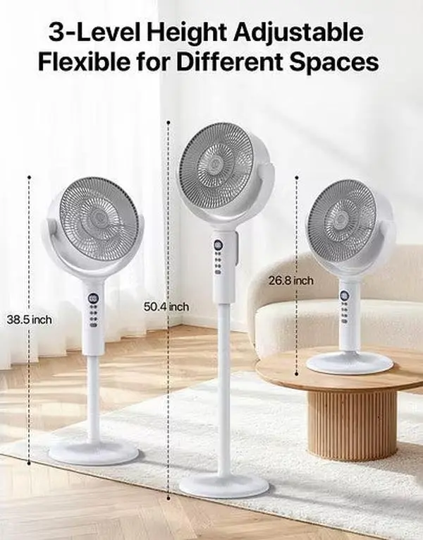 Rechargeable Cordless 3-Height Adjustable Floor Standing Circulating 12inch Fan with 8 Speeds, Horizontal and Vertical Oscillation, Night Sleep and Natural Wind Modes, LED Display, Timer Function, Remote Control