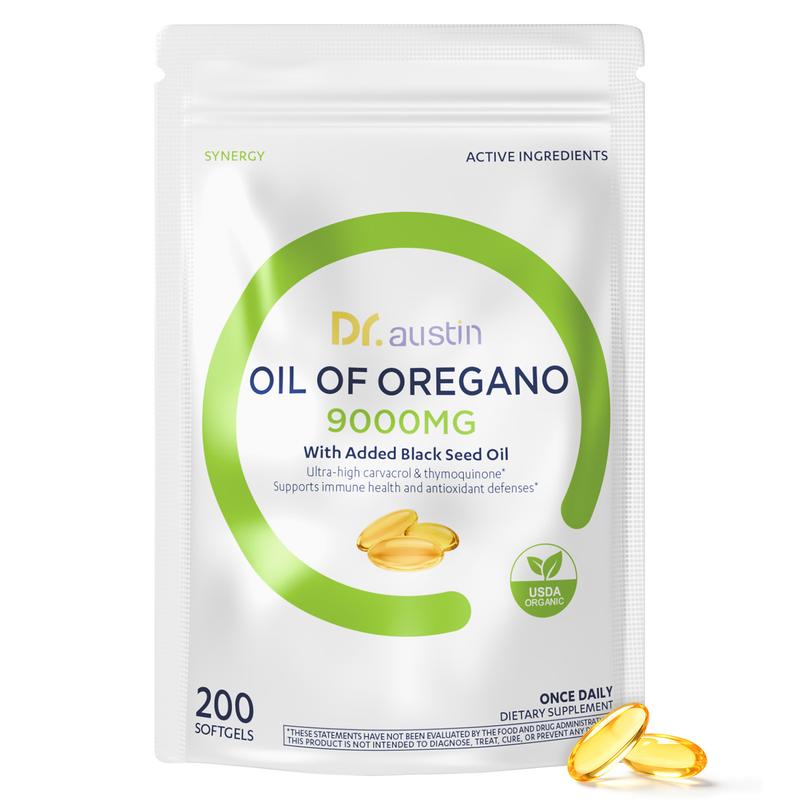 Dr. Austin Oil of Oregano 9000mg with Added Black Seed Oil 200 Softgels Ultra-high Carvacrol & Thymoquinone Supports Immune Health Herbal Supplement Softgels