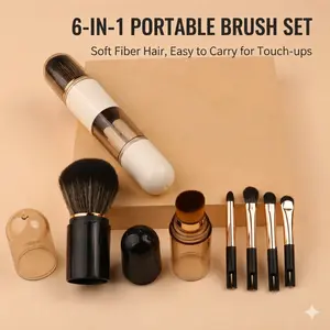 6-in-1 Travel Makeup Brush Set, Portable Retractable Brushes for Foundation Powder Eyeshadow and Lip, All-in-One Professional Cosmetic Tool for On-the-Go Touch Ups