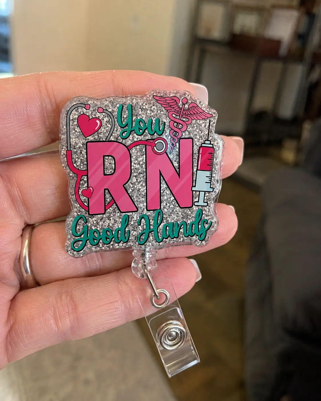 RN Badge Reel, Silver Glitter Stethoscope Acrylic Badge Holder, Retractable Clip for Registered Nurse Nursing Student