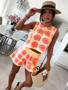 Two-piece set，  Elegant Women's Co-ord Set, Floral Print Sleeveless Round Neck Short Top + Elastic Waist Shorts, Casual Summer, Comfortable Daily Wear