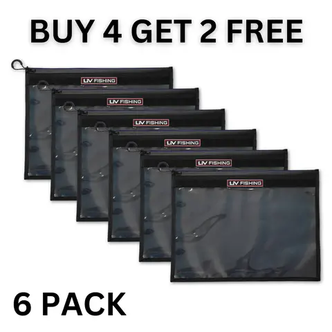 LIV Heavy-Duty Tarpaulin Fishing Tackle Organizer (6-Pack, Buy 4 Get 2 Free – Every 4 You Purchase 2 More for Free), 16x12in Gear Holder with Quick-Find Feature, Labeling Slot, Premium Zipper with Pull Tab, Holds 25+ Bags for Fishing