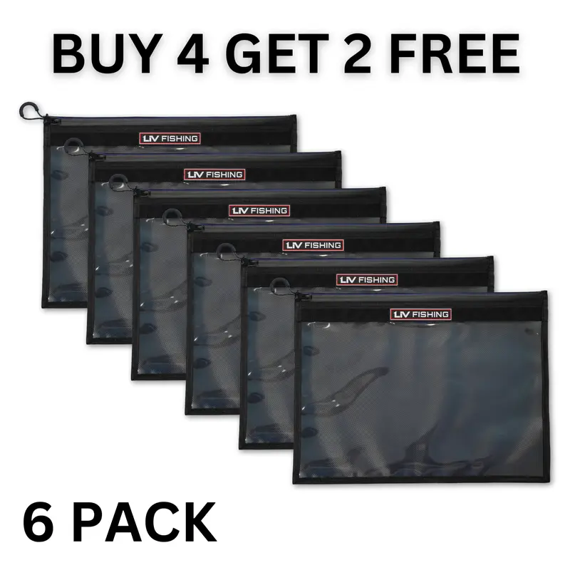 LIV Heavy-Duty Tarpaulin Fishing Tackle Organizer (6-Pack, Buy 4 Get 2 Free – Every 4 You Purchase 2 More for Free), 16x12in Gear Holder with Quick-Find Feature, Labeling Slot, Premium Zipper with Pull Tab, Holds 25+ Bags for Fishing