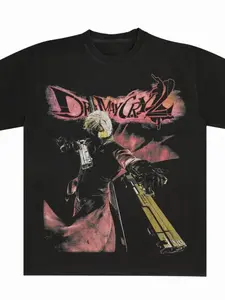 Devil May Cry 2 Theme Short Sleeve T-Shirt, Vintage Washed Anime Character Dual Gun Print, Casual Daily Wear for Gaming Fans