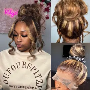 Anyweek Honey Blonde 360 Wig Human Hair Hidden Strap Drawstring Highlight Ombre Drawstring 360 Body Wave Lace Front Wigs Human Hair Pre Plucked 180 Density Glueless Wigs for Black Women Full Frontal Lace Wig 4/27 Colored