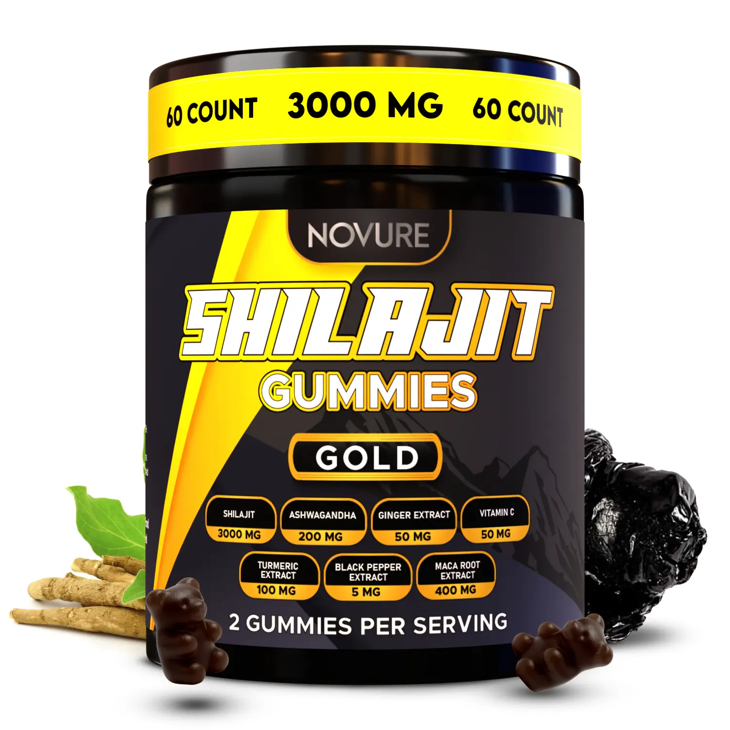 Himalayan Shilajit Gummies No Added Sugar Ashwagandha, MACA Root, Turmeric Extract with Vitamin C, Non-GMO 100% Natural & Organic