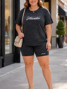 Women's Plus Size Acid Wash Look T Shirt and Biker Shorts Set, Minimal Script Letter Graphic, Casual Two Piece Outfit 1XL-5XL