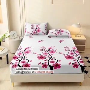 3pcs Spring Summer Romantic Cherry Blossom Bed Skirt Set, Anti-Slip High Elasticity, No Iron, Includes Comfortable Bed Skirt and Two Pillowcases Bedding Sets