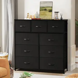 Tall Dresser Fabric Storage Tower with 9 Fabric Bins Drawers,Wooden Top for Family Kid Room, Closet, Nursery, Entryway,