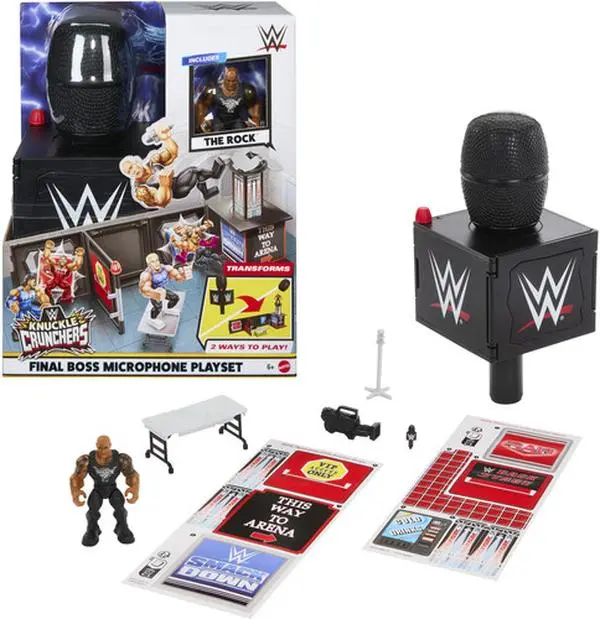 WWE Knuckle Crunchers The Rock Final Boss 2-in-1 Microphone Playset - 3.25 Inches Collectible Action Figurine, 2 Accessories, Backstage Diorama, Bone-Crunching Sounds [COLLECTIBLES], 2-In-1 Playset