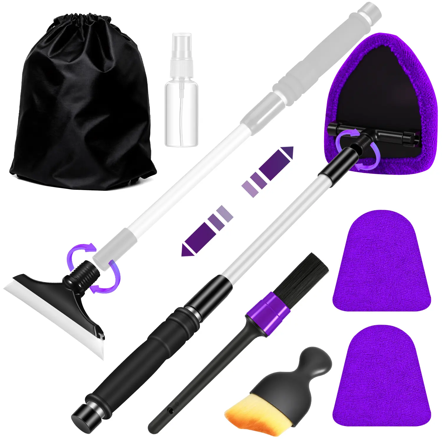 Practical Car Windshield Cleaning Kit - Extendable Handle, 3 Reusable Microfiber Pads, Auto Glass Wiper, Detailing Brush for Car & Home Windows (Purple) - Multiple Tools Ideal for Birthdays, Friends and Family Gifts, Christmas, Thanksgiving