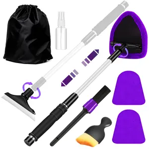 【fathersdaygift】Windshield Cleaner Tool, Car Interior Cleaning Kit with Extendable Handle and 3 Reusable Microfiber Pads, Auto Glass Wiper and Detailing Brush Kit for Car & Home Window, Purple，Summervibes