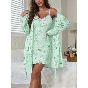 Women's Floral Print Belted Robe & Cami Nightdress Two-piece Set, Casual Comfy Lounge Set for Women, Ladies Sleepwear for All Seasons, Loungewear