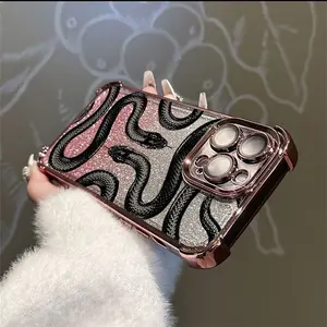 Light luxury snake pattern, four corner anti drop and anti slip TPU all inclusive lens electroplated phone protective case, suitable for iPhone 17, 16, 15, 14, 13, 12, 11 XS X and other series models, can be given as a gift to friends or family