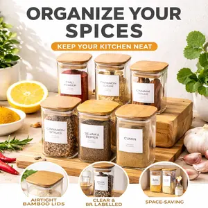 Square glass spice jar with bamboo lid, 12 piece set with sealed label for perfect storage of spice seeds and dry goods, minimalist kitchen storage essential