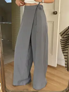 Minimalist Tie-Waisted Wrap Suit Pants, Loose Fit Flowy Floor-Length Pants, Commuter Essential, Stylish Office Wear