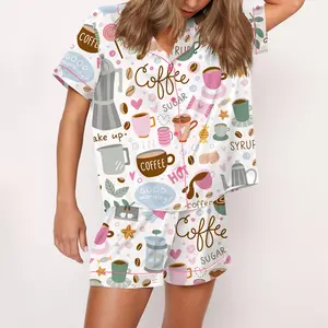SHESHOW Coffee Silky Satin Pajama Set For Women Print Comfy Satin Sleepwear & Loungewear Pjs Printing Silky Top & Bottoms