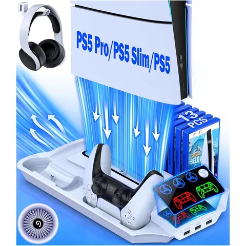 ESYWEN PS5 Pro/Slim Stand & Cooling Station - Electronic Gadgets for PlayStation 5 Disc/Digital Consoles, 3-Level Cooling Fan, Controller Charger, 13 Game Slots, 3 USB Hub, Headset Holder, Accessories for Gamers, Enhances Gaming Experience