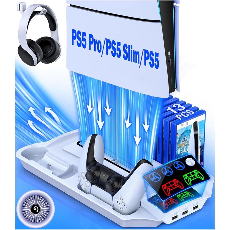 ESYWEN PS5 Pro/Slim Stand & Cooling Station with Controller Charging for PlayStation 5 Disc Digital Console, 3 Levels Fan, 13 Game Slots, 3 USB Hub, Headset Holder, Wearable