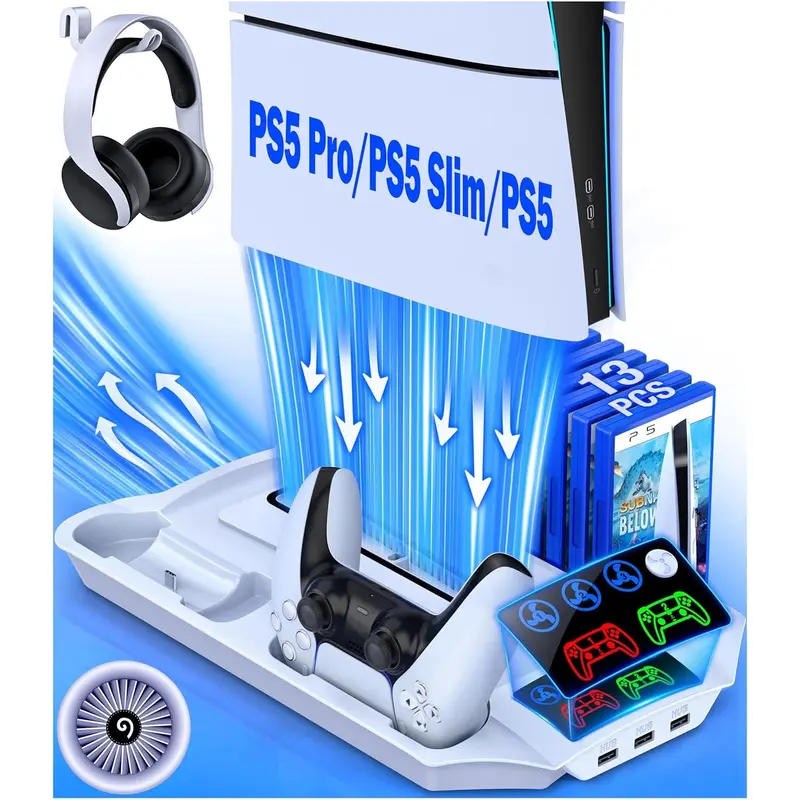 ESYWEN PS5 Pro/Slim Stand & Cooling Station with Controller Charging for PlayStation 5 Disc Digital Console, 3 Levels Fan, 13 Game Slots, 3 USB Hub, Headset Holder, Wearable