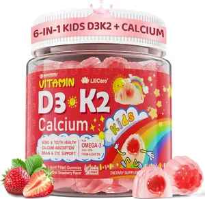 Vitamin D3 K2 + Calcium Liquid-filled Gummies for Kids & Teens, 1000IU / 2000IU D3 with Magnesium, Algal Omega 3, Kids Vitamins for Bones & Teeth, Calcium Absorption, Brain, Immune, Sugar-Free, 60Cts