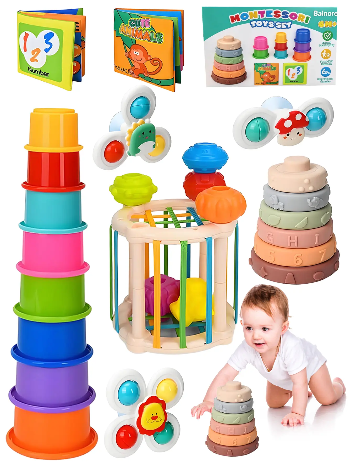 Weekend Come 6-in-1 Sensory Toy Set: Shape Sorting Box, Stacking Cups and Rings, Suction Cup Turntable, Crinkly Cloth Book—Early Learning and Development Toys