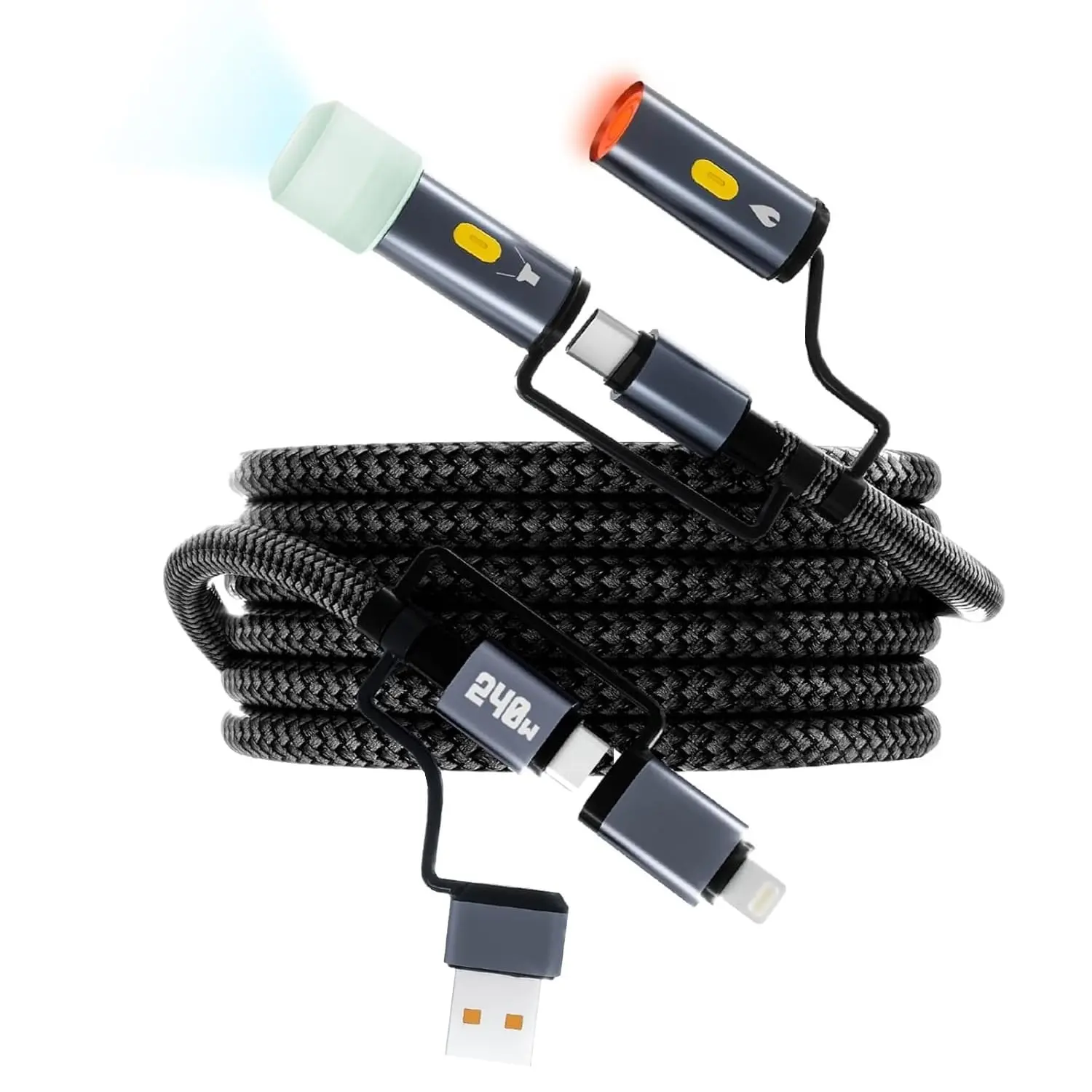 Ormos 6-in-1 240W Multi-Port USB C Cable with LED Lighting, Nylon Braid, Built Tough, 100W Fast Charging, Reverse Charging USB-A Ports, Compatible for Phones, Laptops, Pads, Tablets & Electronic Capture Card