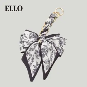 Elegant Bow Bag Charm – Floral Scarf Keychain with Gold Chain Accent, Stylish Purse Accessory for Women & Girls