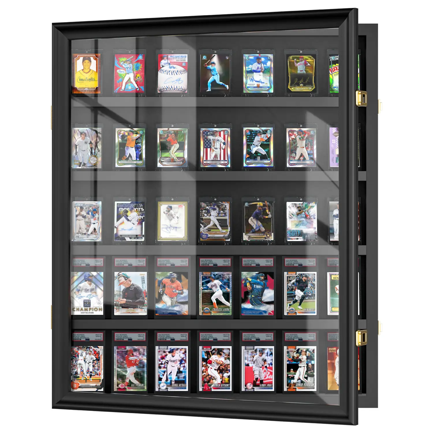 BOSCODEER 35-Card Sports Card Display Case for Graded & Ungraded Cards, Lockable Trading Card Display Frame with Hinged Front Door, UV Protection Acrylic, Gold Locks, Wall Holder for Baseball Basketball Football Hockey Cards
