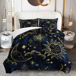 3pcs Celestial Comforter Set, Sun and Moon Duvet Set for Girls and Adults Bedroom or Guest Room Decor, Lightweight Soft All Seasons Comforter Machine Washable Microfiber Quilt with 2 Pillowcases , Gifts for the Family