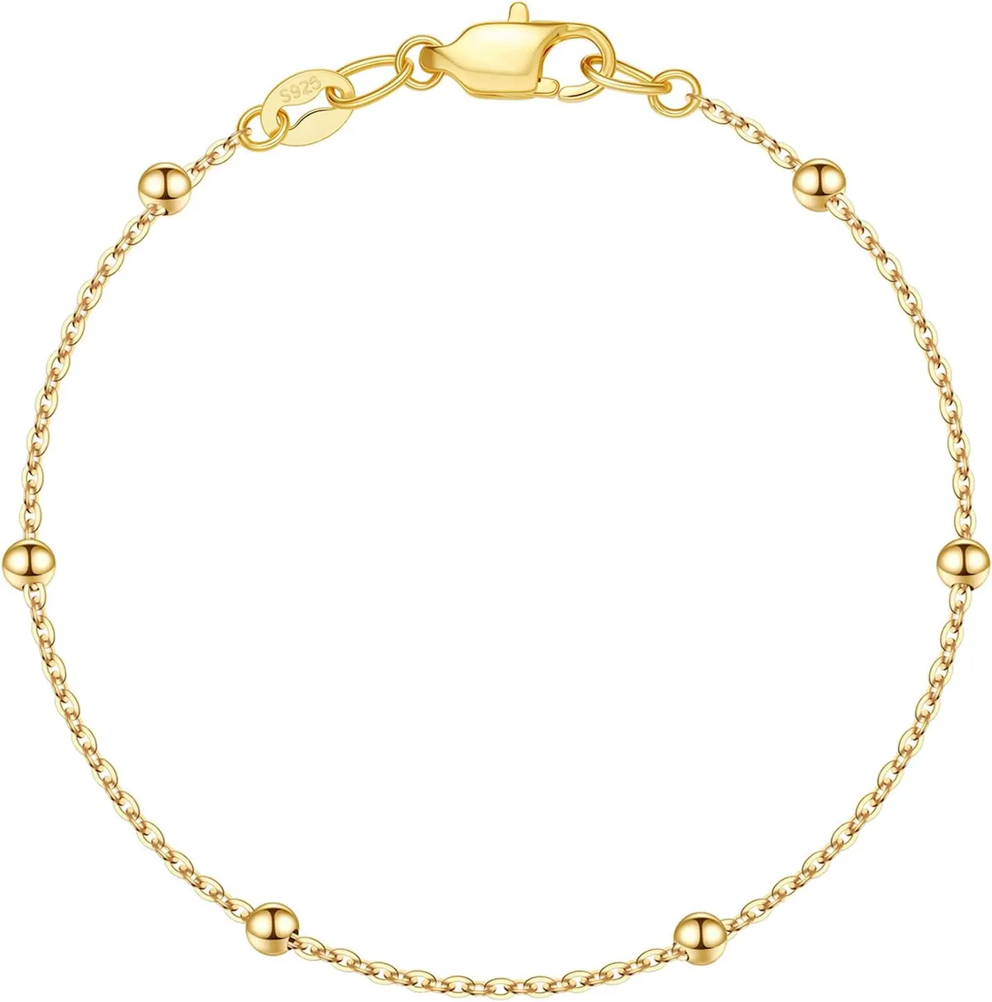 S925 Sterling Silver Bracelet for Women - 14K-Real-Gold-Plated Satellite Bead Chain Bracelet, 6.5/7/7.5/8/8.5/9 Inches Sterling Silver Chain Bracelets, Valentines Gifts Jewelry for Women