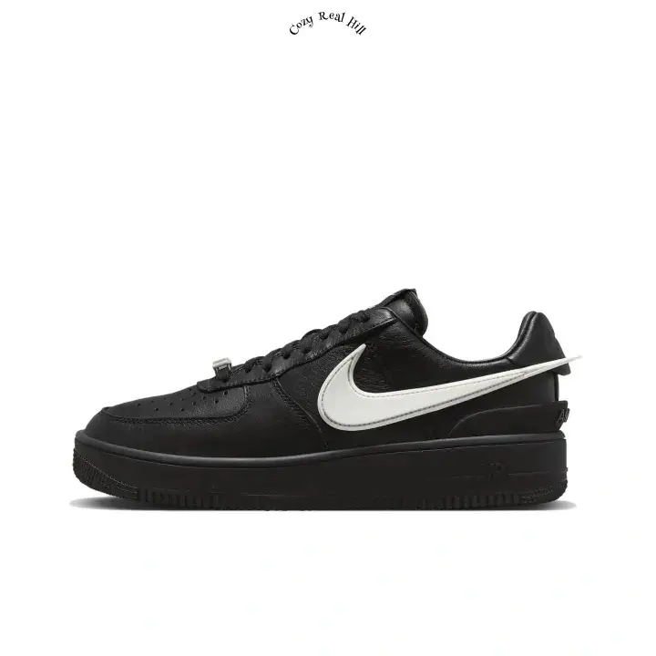 Low Top Cushioned Casual Sneakers, Black Smooth Leather Upper, Off White Contrast Side Decorations, Air Cushion Midsole, Non Slip Ridged Rubber Outsole, Daily Commute, Street Fashion Matching