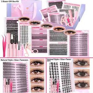 5 Boxes Mixed Styles False Lashes - Voluminous IndividualEyelash Extensions Kit with Glue, Remove, Tweezers and Curler, D Curl Mixed Lengths Eyelash Clusters, Natural Look & Volume Multi-Style Lashes for Makeup Daily, Christmas, Party