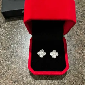 Hip Hop Lucky Four Leaf Clover Shape 925 Sterling Silver Stud Earrings with Iced Moissanite