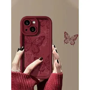 Animal Minimalist Butterfly Design Wine Red Soft Phone Case Suitable For IPhone17/IPhone17 Air/IPhone17 Pro/IPhone17 Pro Max/16 Pro Max/15 Pro Max/14 Pro Max/13 Pro Max/12 Pro Max/11 Pro Max, Anti-Fall, Women