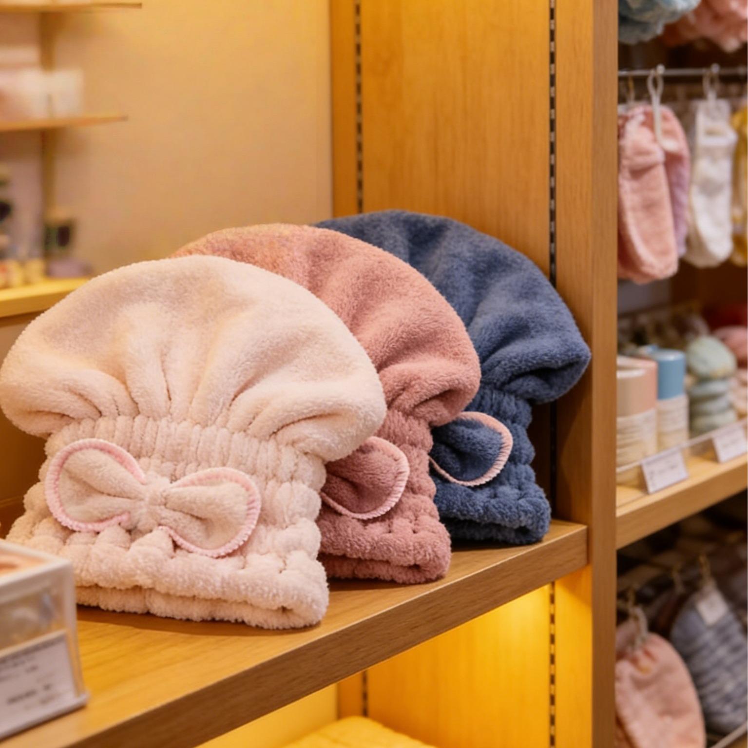 PineRise 3pc Thickened Shower Cap for Women Absorbent Coral Fleece Hair Drying Towel Cute Korean Long Hair Drying Cap Set