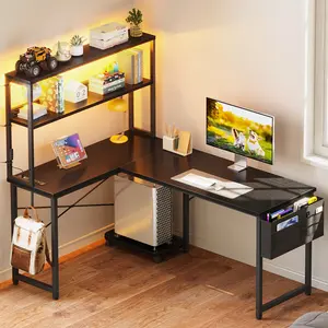 AODK Reversible L Shaped Gaming Desk with LED Light & Power Outlet,Computer Table with Hutch,Storage Bag & Hook for small rooms & Home Office