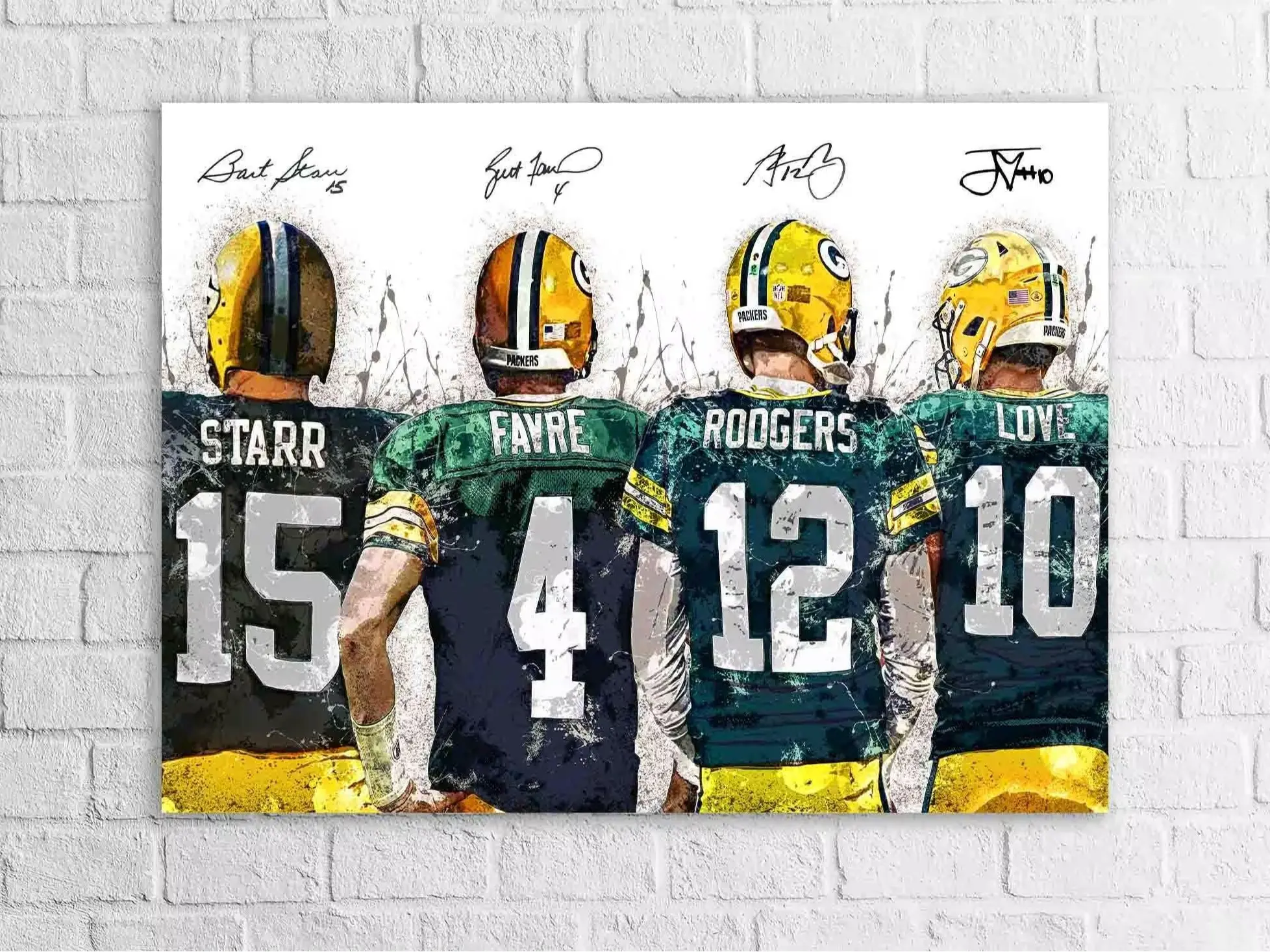 Jordan Love, Aaron Rodgers, Brett Favre, Bart Starr Green bay Packers, Gallery Canvas Wrap or Museum-Quality Poster, Man Cave, Kids room