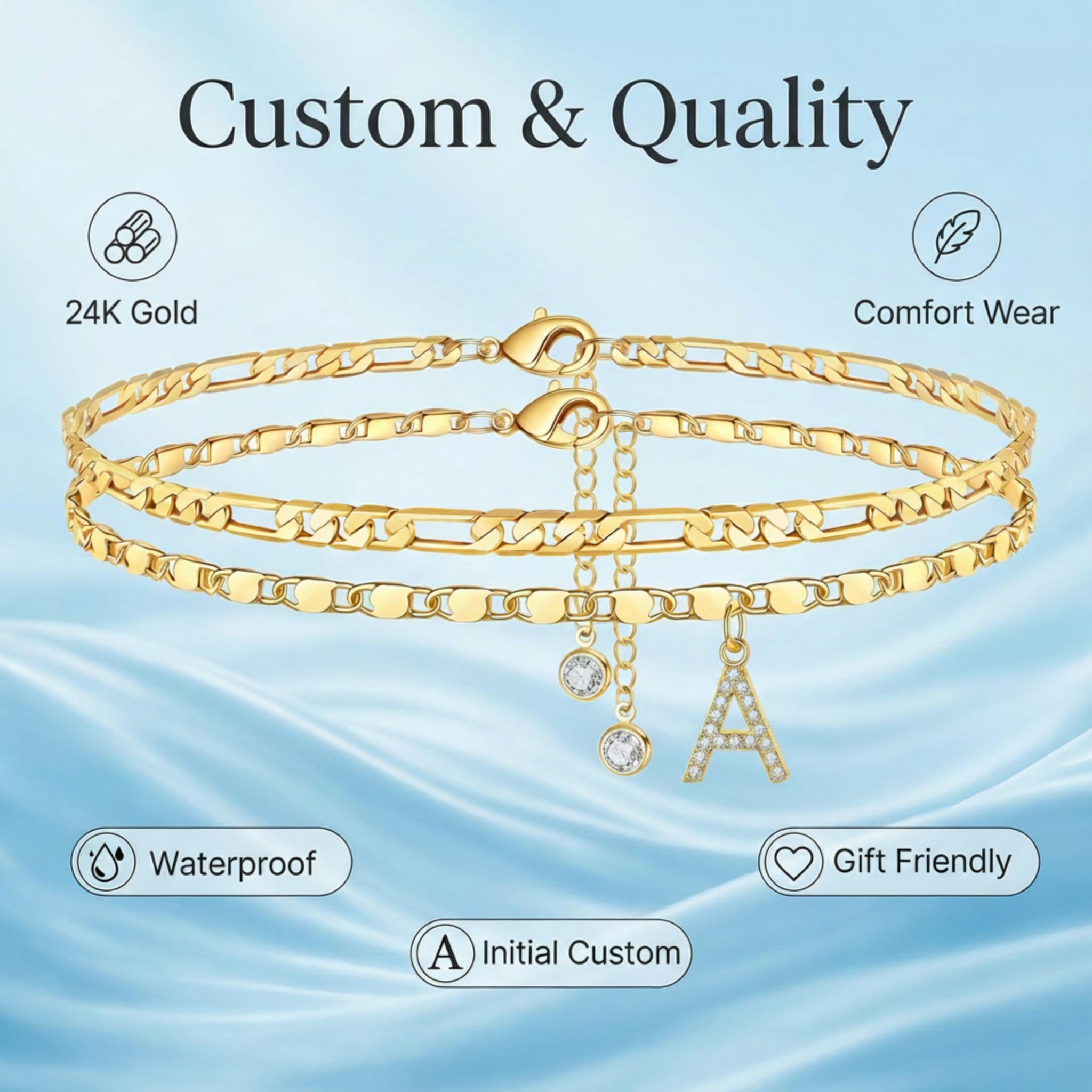 GANIA Letter Layered Ankle Bracelets for Women Dainty Chain Initial Pendant Anklets Set Hypoallergenic A-Z Gifts for Girls Trendy Adjustable Size Waterproof Costume Accessories