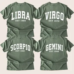 (Leave A Note or DM To Shop) Comfort Colors Custom Zodiac Tshirt with Est Year - Moss, Cute Horoscope Astrology Graphic Tshirt, Unisex Crewneck Tshirt, Personalized Zodiac Energy Gift for Birthday - HARSIN