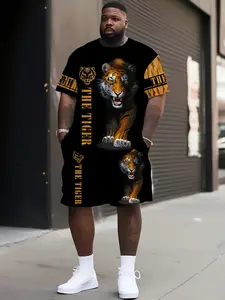 Men's Plus Size Loose Tiger Print Design Sportswear Set, Casual Streetwear with Matching Shorts, Summer Loose Fit, 2 Piece