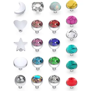 21PCS 14G Grade 23 Titanium Dermal Anchor Tops Synthetic Stone Internally Threaded Mixcolor Gem for Women Men, Moon/Heart/Star/Flat/Ball/CZ/Opal/Marble Stone