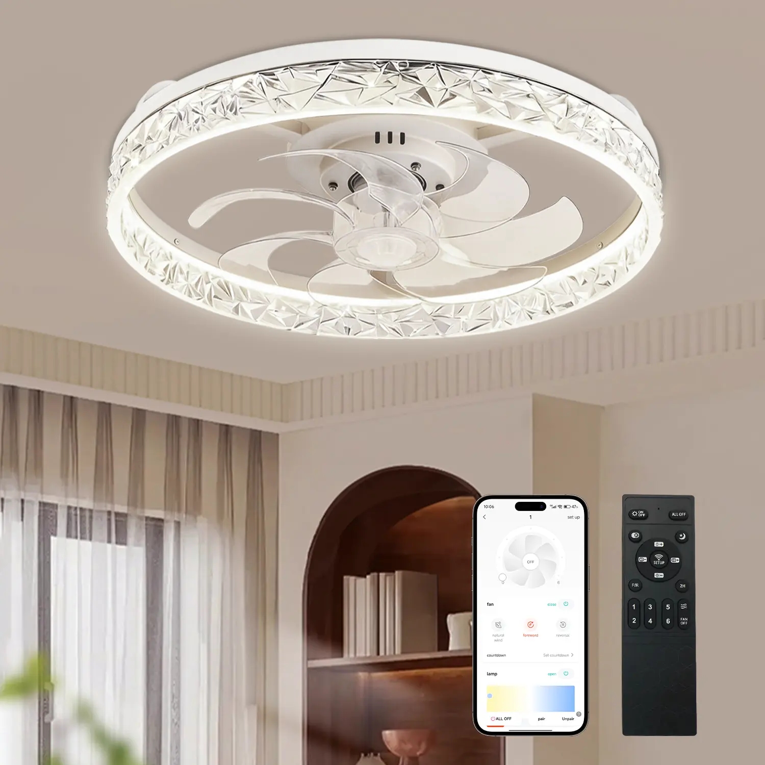 DEMILARE Ceiling Fan with Light, Modern Low Profile Flush Mount Ceiling Fan, LED Dimmable Ceiling Fan with Remote and App Control, 6 Speed Reversible Quiet Fan, Crystal Look Acrylic Light Ring Fan for Bedroom Living Room Kitchen,SummerFinds,Summer Turn Up