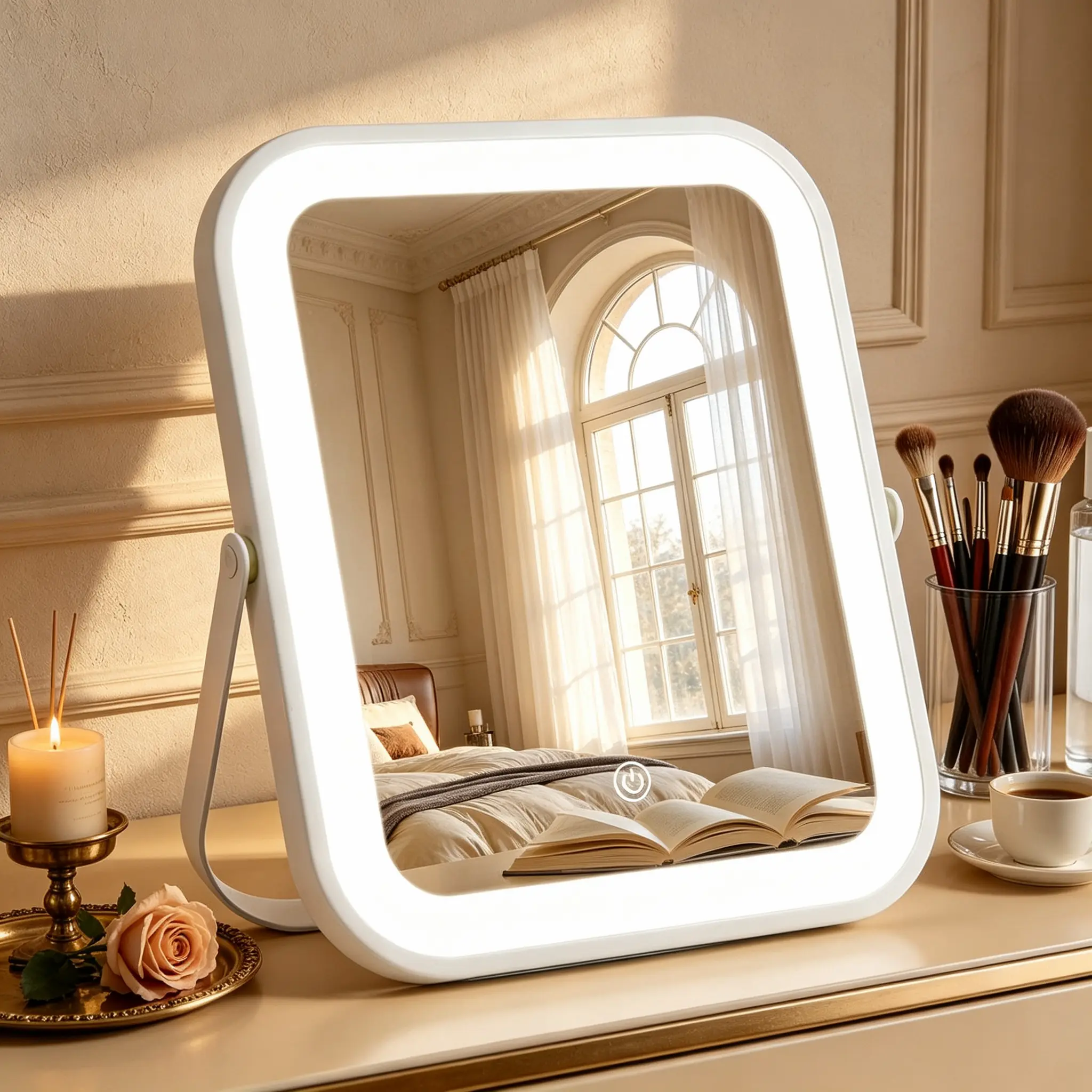 Bearolve 8x10 Inch Portable LED Vanity Mirror - 3-Color Dimmable Lights, Touch Control, 360° Rotation, USB Powered Lightweight Tabletop Travel Mirror