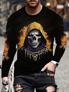 Men's Halloween Long Sleeve Round Neck Sweatshirt, Skull Hat & Horror Elements 3D Digital Print, Casual Fitted Short Top, All Seasons