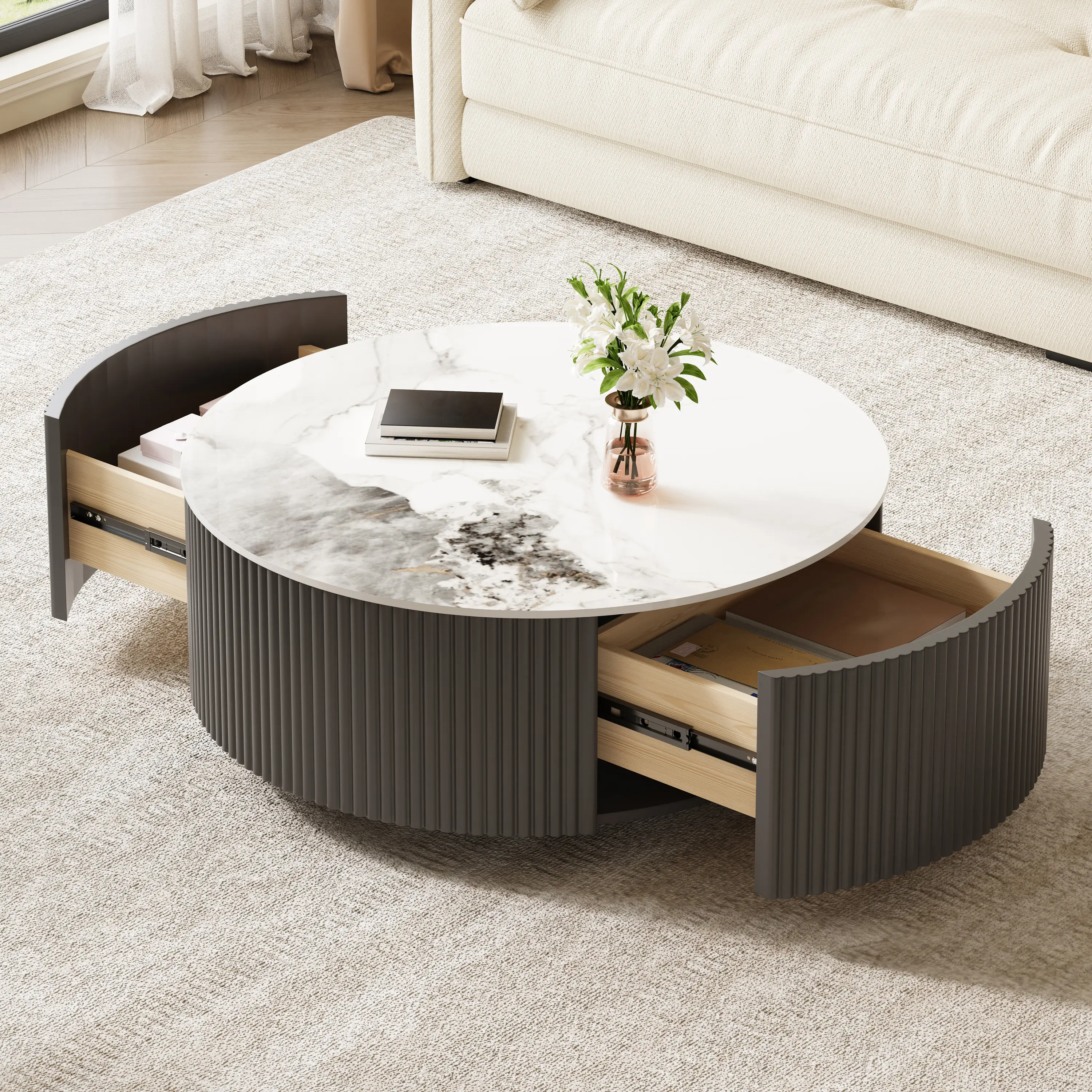 Dufominc 29.5 in Minimal Style Marble Pattern Sintered Stone Console & Sofa Table, Modern Round Rolling Walnut Frame Non-Scratch Space-Friendly Table with Lockable Casters, 2 Storage Drawers, Living Room Furniture, Sintered Stone Console & Sofa Tables
