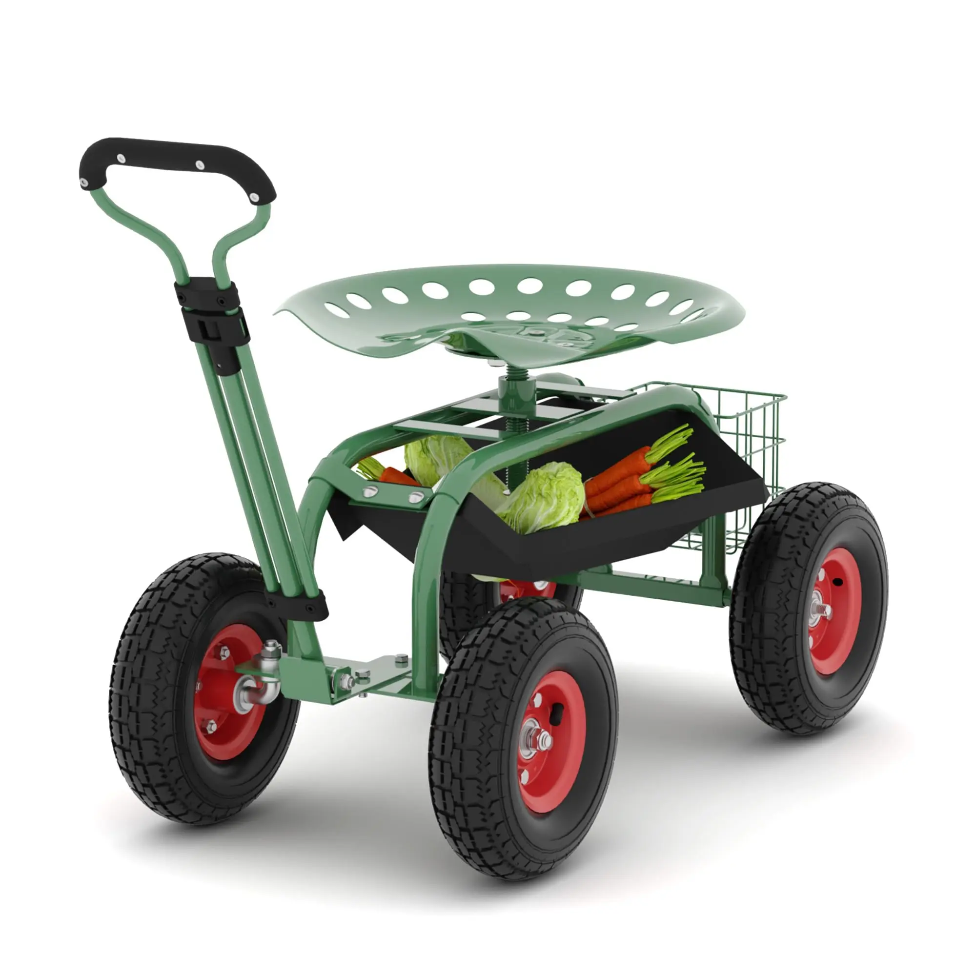 Heavy-Duty Rolling Garden Cart with 360° Swivel Seat, 10-Inch All-Terrain Tires, Adjustable Steering Handle & Removable Tool Tray, Ideal for Planting, Weeding and All Kinds of Outdoor Yard Projects