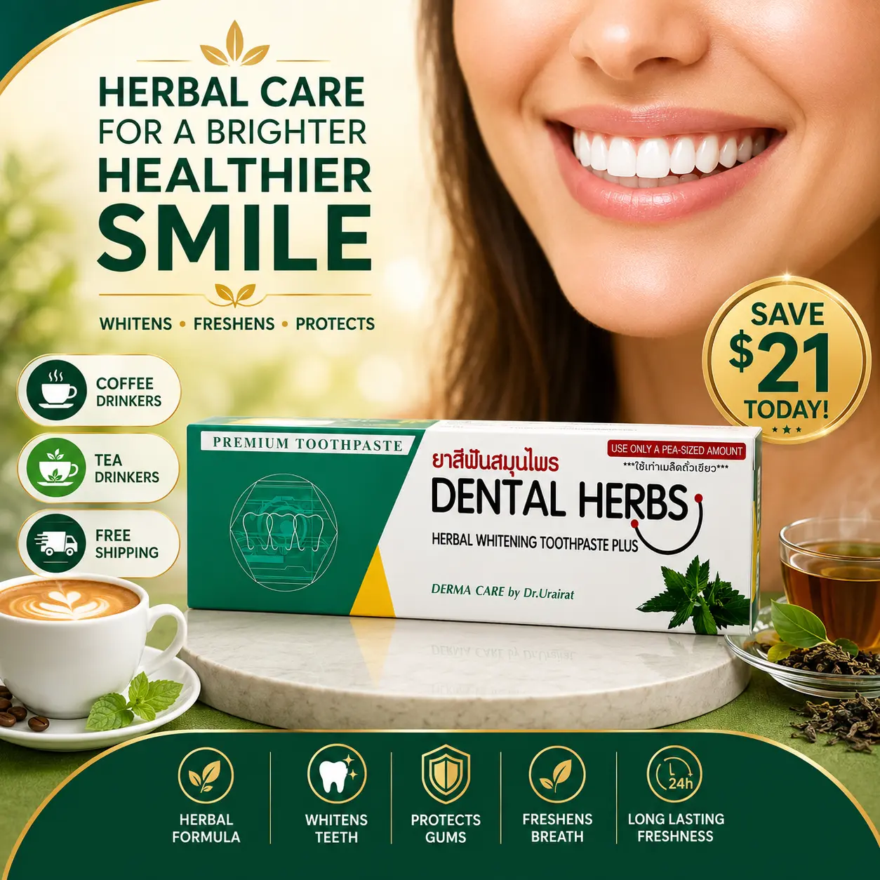 Dental Herbs Coffee & Tea Stain Whitening Toothpaste | Herbal Formula | Fresh Breath | Plaque Care | Made in Thailand | 80g