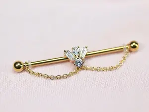 14G Gold Gem Industrial Barbell with Dainty Chain – 38mm Sparkling Gold Industrial Piercing